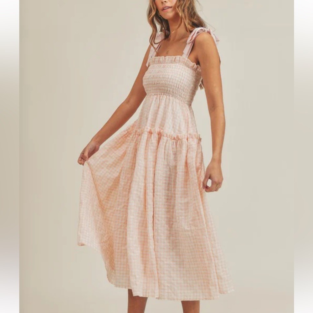 Mable Womens Midi Dress Small Blush Smocked Ruffle Seersucker Plaid Check Boho‎ - Picture 4 of 16